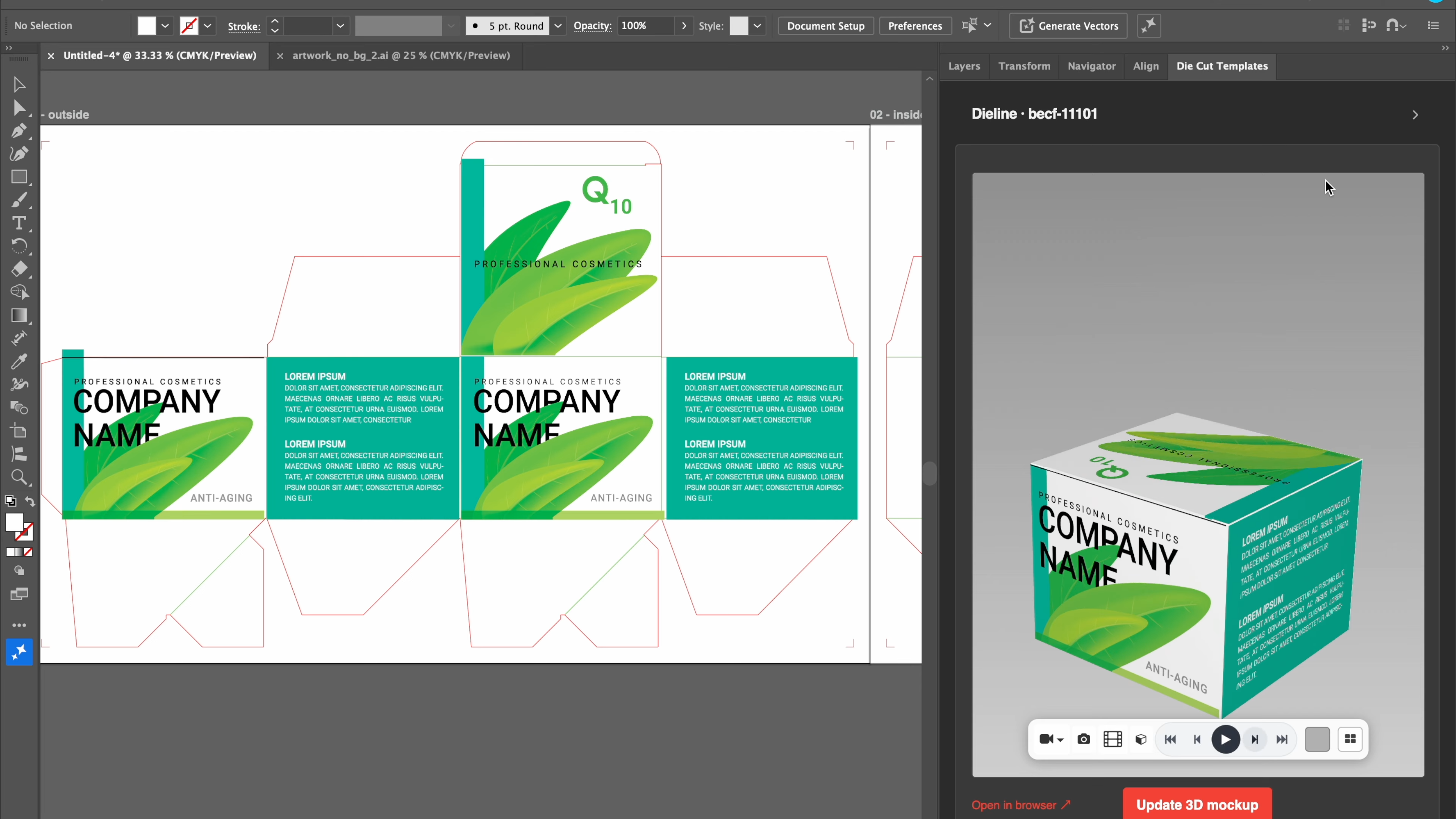 The Die Cut Templates panel in Adobe Illustrator showing a dieline with artwork and its 3D mockup